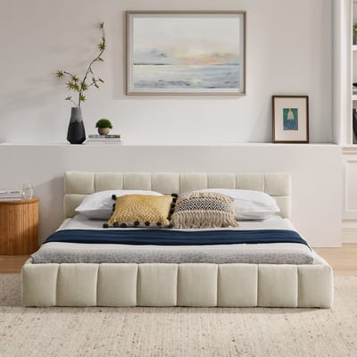 Wishdor – Tweepersoonsbed 160x200 cm – Chenille Bekleding – Scandinavisch Design – Eucalyptushout & IJzer – Beige – 300 kg