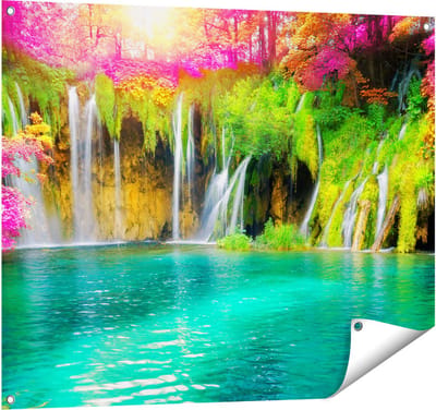 Gards Tuinposter Waterval met Roze en Groene Bloemen - 100x80 cm - Tuindoek - Tuindecoratie - Wanddecoratie buiten - Tuinschilderij