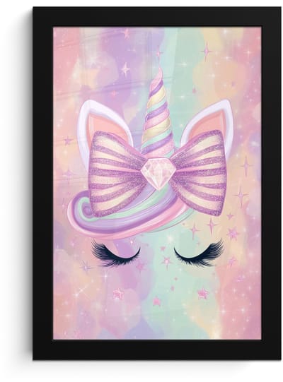 Poster in lijst - Fotolijst 20x30 cm - Posters - Eenhoorn - Glitters - Regenboog - Pastel - Posterlijst zwart - Decoratie - Wanddecoratie woonkamer - Muurdecoratie slaapkamer