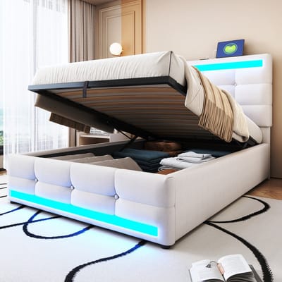 Sweiko Eenpersoonsbed - 90 x 200 cm - Opbergruimte - USB-aansluiting - LED-lichtstrip - Linnen - Beige