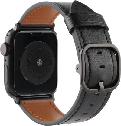 Stravo Echt Leren Horlogebandje met Rechthoekige Metalen Gesp – Geschikt voor Apple Watch 42mm (Series 11/10), 41mm (Series 9/8/7), 40mm (Series 6/5/4, SE 3/2/1), 38mm (Series 3/2/1) – Zakelijk Bandje van Echt Leer – Zwart