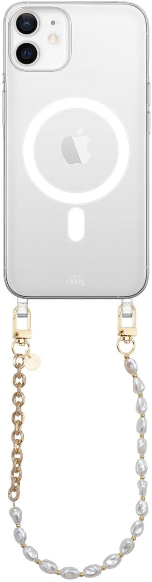 xoxo Wildhearts magnetisch hoesje geschikt voor iPhone 12 MagSafe - Over The Moon - Transparant telefoonhoesje met koord - Telefoonkoord - Parelketting met gouden schakels - Kort koord