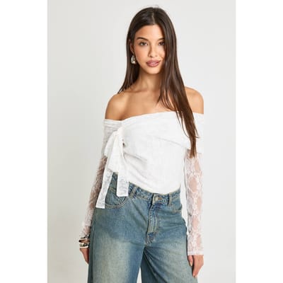 boohoo Dames Kanten Strik detail Bardot Bodysuit | Cream | Maat: 10