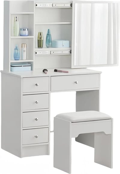 Witte Kaptafel met Schuifspiegel en Opbergladen - Elegante Make-up Tafel voor Slaapkamer