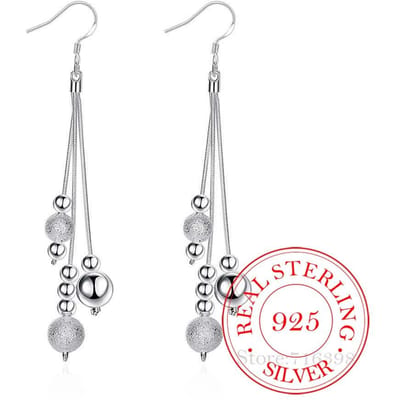 925 Sterling Zilver Drie Lijnen Kralen Bal Vintage Lange Kwast Hangende Oorbellen Voor Vrouwen Verloving Bruiloft Sieraden white