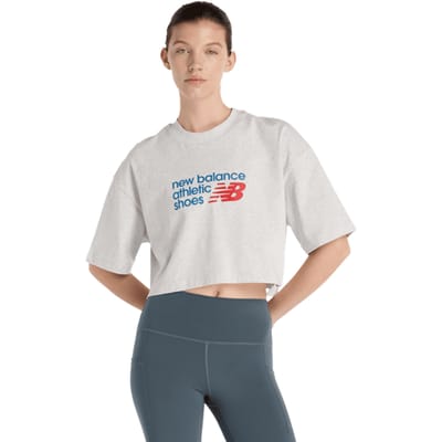 New Balance Athletics Premium Logo Cropped Tee T-shirts Dames - Grijs - Maat S - Katoen Jersey
