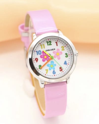 12Getit Meisjes horloge roze met bloem afbeelding en leer bandje.