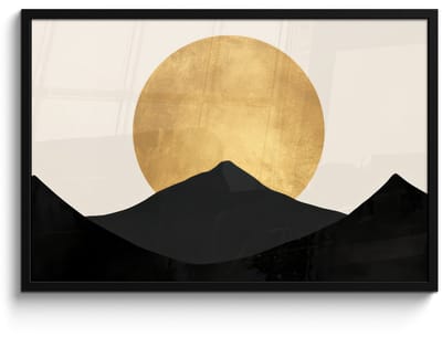Poster in lijst - Fotolijst 90x60 cm - Posters - Bergsilhouetten - Gouden cirkel - Beige - Posterlijst zwart - Decoratie - Wanddecoratie woonkamer - Muurdecoratie slaapkamer