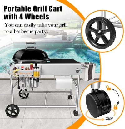 BBQ Grillwagen voor Kogelbarbecue met Werktafel en Wielen - House&Garden Premium Grill Trolley voor 47 cm & 57 cm Houtskool BBQ - Buitenkeuken met Dekselhouder, Opbergrek, Gereedschapshaken & Accessoirehouder