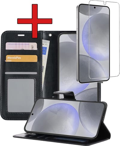 Hoesje - Met Screenprotector - Geschikt voor Samsung Galaxy S24 - Luxe Pasjeshouder - Flipcase - Bookcase Portemonee - Flip Case - Kunstleer Book Case - Book Cover - Walletcase - Portemonneehoes - Telefoonhoes - Zwart