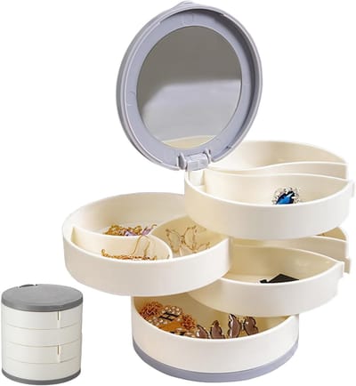 Ronde Sieradenbox met 360 Graden Rotatie - Multifunctionele 4-Laagse Organiser voor Oorbellen, Ringen en Armbanden - Draagbare Sieradenopberger in Wit