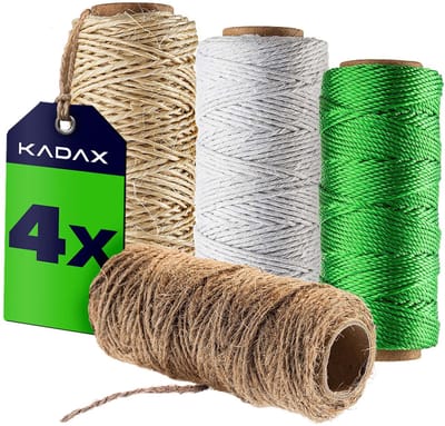 KADAX set van 4 touwen – jute touw 30 m, sisaltouw 30 m, polypropyleen pakketkoord 55 m, katoenen touw 65 m – 1 mm touwen voor tuin, knutselen, verpakken en doe-het-zelf