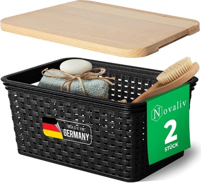 Novaliv set van 2 elegante opbergmanden met houten deksels in rotanlook | Zwarte voedselveilige kunststof 5L? Ideaal voor het opbergen van kleding en in de badkamer. Opbergbox badkamermand.
