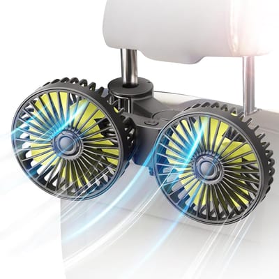 Achterventilator voor de auto - Auto ventilator - Dubbele Hoofdsteun Ventilator - 360° Draaibare Dubbele Kop - Borstelloze Motor Stil & Duurzaam - 3 Snelheden & 5 Blads - USB Gevoed Universeel