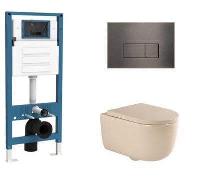 QeramiQ Dely Swirl Toiletset - inbouwreservoir Qeramiq Flush - 35mm zitting - metaal gunmetal bedieningsplaat - rechthoekige knoppen - beige