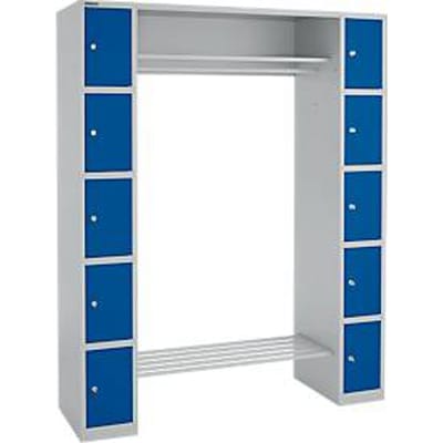 Lockerkast - B 1735 x D 500 x H 1950 mm - 2 x 5 vakken - met hoedenplank en kledingstang - schoenrek - blank alu en gentiaanblauw - ons merk Schäfer Shop