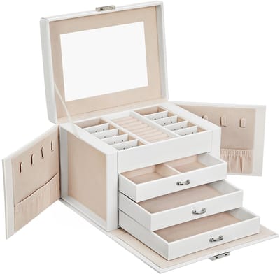 Sieradendoos, opbergdoos met spiegel, 4 lagen opbergvakken en trays in verschillende maten en functies, afsluitbaar, fluwelen voering ter bescherming van sieraden, 22,5 x 17,5 x 16,5 cm, wit
