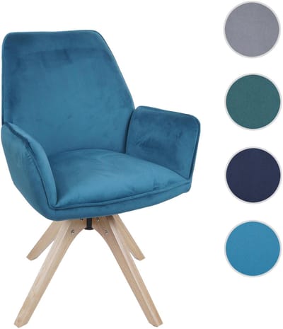 Eetkamerstoel MCW-G67, eettafelstoel, keukenstoel, stoel met armleuningen, draaibaar, hout, fluweel 320 g/m², MVG ~ turkooisblauw