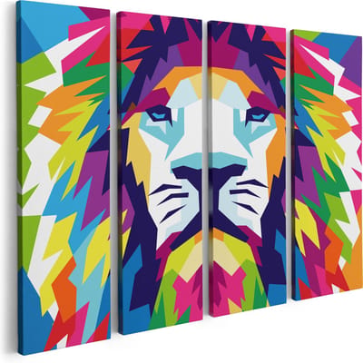 Artaza Canvas Schilderij Vierluik Gekleurde Leeuw - Leeuwenkop - Abstract - 80x60 - Foto Op Canvas - Canvas Print