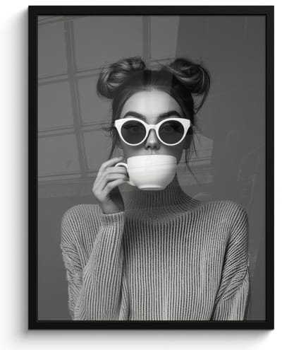 Poster in lijst - Fotolijst 50x70 cm - Posters - Vrouw - Koffie - Zwart - Wit - Posterlijst zwart - Decoratie - Wanddecoratie woonkamer - Muurdecoratie slaapkamer
