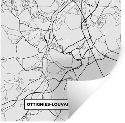 Muurstickers - Sticker Folie - Stadskaart – Zwart Wit - Kaart – Ottignies Louvain la Neuve – België – Plattegrond - 100x100 cm - Plakfolie - Muurstickers Kinderkamer - Zelfklevend Behang XXL - Zelfklevend behangpapier - Stickerfolie