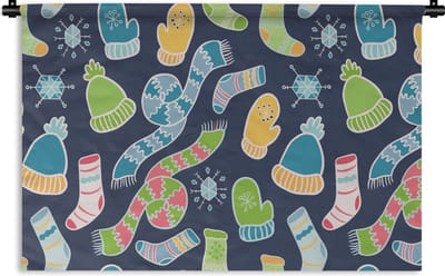 Wandkleed - Wanddoek - Sjaal - Handschoenen - Muts - Regenboog - Winter - Patronen - 90x60 cm - Wandtapijt