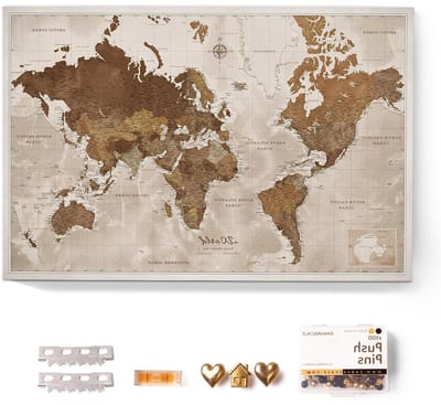 Canvas Wereldkaart Prikbord - Wandkaart Kurk - Wanddecoratie Inrichten - Engelse Belettering - 120x80 cm - Multicolor