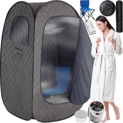 tectake® Mobiele Sauna ThermaLuxe I - Draagbare Stoomsauna - Stoomcabine met 15 Temperatuurstanden en Timerfunctie - Inclusief Afstandsbediening, Mat, Stoel en Draagtassen - Met Stoomverdeler voor Olieën en Geuren