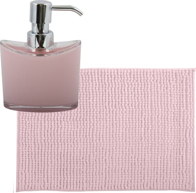 MSV badkamer droogloop mat/tapijtje - 40 x 60 cm - en zelfde kleur zeeppompje 260 ml - lichtroze