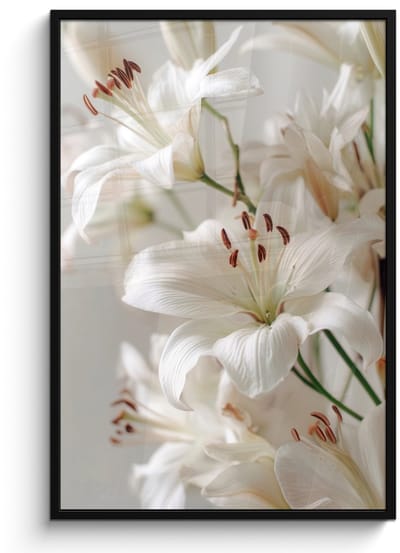 Poster in lijst - Fotolijst 80x120 cm - Posters - Lelies - Boekte - Wit - Meeldraden - Posterlijst zwart - Decoratie - Wanddecoratie woonkamer - Muurdecoratie slaapkamer