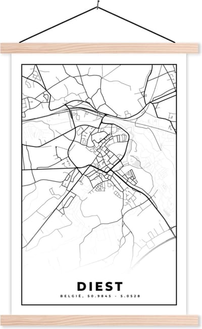 Posterhanger incl. Poster 40x60 cm - Schoolplaat - Kaart – Plattegrond – Stadskaart – Diest – België – Zwart Wit - Textielposter - Blanke latten - Stadskaart