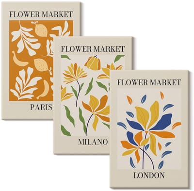 Wallfluent Set van canvas schilderijen - Bloemenposters Parijs Milaan Londen Canvas Schilderijen Set - set 3 stuks 20x30 cm - Geel Set van Canvas Prints - Natuur Canvas Kunst Set - Boheemse Canvas Kunst Set