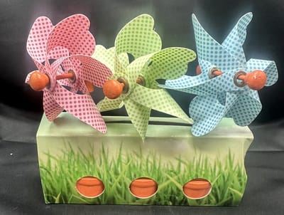 Set van 3 decoratieve windmolentjes in pot - kunststof+houten steker "Roze/Groen/Blauw met stipjes"- meerkleurig + oranje potjes- dia 9 cm x hoogte 16 cm - Tuinaccessoires - tuinstekers