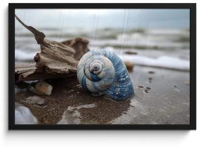 Poster in lijst - Fotolijst 60x40 cm - Posters - Schelp - Strand - Blauw - Zee - Posterlijst zwart - Decoratie - Wanddecoratie woonkamer - Muurdecoratie slaapkamer