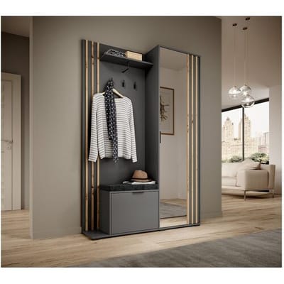 MINIO go for it, Garderobe NEL, met zwart gestoffeerd zitje, met spiegel, grafiet/artisan eiken