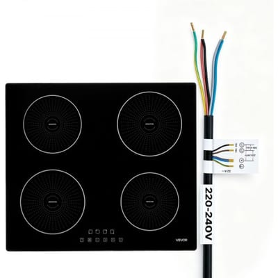 VEVOR 4-zone inductiekookplaat (rond) Inbouw inductiekookplaat 7200 W, inductiekookplaat met 9 vermogensniveaus, LED-touchscreen, glaskeramisch oppervlak en kinderbeveiliging, voor keuken en camper