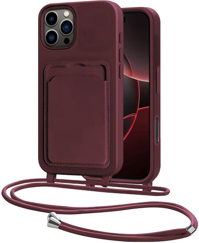 Hoes Geschikt voor iPhone 16 Pro Hoesje Pasjeshouder Cover Met Koord Case Siliconen Hoes Met Telefoonkoord en Kaarthouder - Aubergine