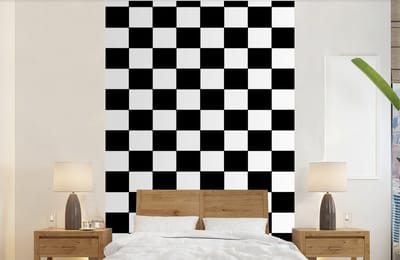 Behang - Fotobehang Schaakbord - Patronen - Zwart Wit - Breedte 140 cm x hoogte 220 cm
