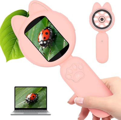 Microscoop - Microscoop voor kinderen - Mini-handmicroscoop - Microscoop digitaal -vergrootglas kinderen - Draagbare zakmicroscoop - Microscoopseteducatieve wetenschapsset, kerst-/verjaardagscadeau voor meisjes van 3 tot 12 jaar（Roze）
