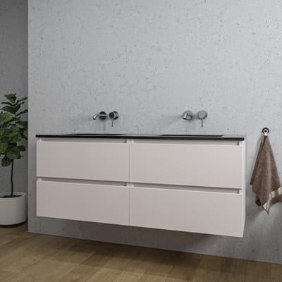 Saniclass Chaci Badkamermeubelset - 140x46x55cm - keramische wastafel zwart - 2 wasbakken - zonder kraangaten - 4 lades - mat cotton (beige)