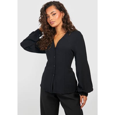 boohoo Dames Blouse met gehammde volumemouwen en aansluitend lijfje | Zwart | Maat: 36