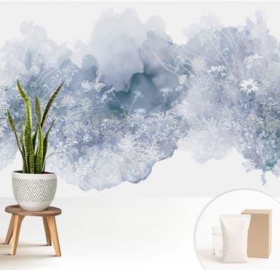 Wallfluent Behang - Bloemenweide Vliesbehang - 208x146 cm - Wit Behang - Voor liefhebbers van modern design en abstracte kunst - Behang Voor de woonkamer, voor het kantoor, voor de slaapkamer - Wanddecoratie Bloemen en planten