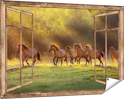 Gards Tuinposter Doorkijk Kudde Bruine Paarden in de Wei - 150x100 cm - Tuindoek - Tuindecoratie - Wanddecoratie buiten - Tuinschilderij