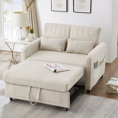 DESMIU Slaapbank 114 x 77 x 82,5 cm - Uitschuifbaar 2-Zits Met 3-Standen Rugleuning - Voor Woonkamer En Slaapkamer - Katoen Linnen Beige