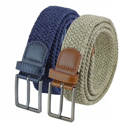 Landley Voordeelset Gemêleerde Elastische Riemen Blauw & Beige – Luxe Gevlochten Stretch Riemen - Dames & Heren - Duopack - Lengte totaal 120 cm / Riemmaat 105