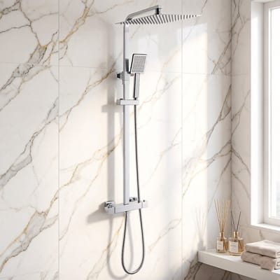 Auralum Max Regendouche - 12 inch Douchekop - Inclusief thermostaatkraan - Doucheset - Vierkant Design - Verstelbare Hoogte 82-125 cm - Waterbesparend - Chroom