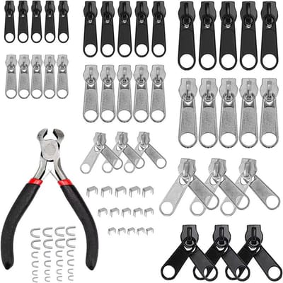 Vervangset voor ritsen - 85 stuks - Reparatieset voor ritsen - Ritskop - Met U-code-fixer - Tang - Reparatieset voor ritsen - Met installatietang - Vervanging van ritsen voor jassen - Jassen - Tassen - Rugzakken - Tenten