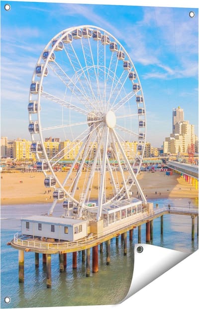 Gards Tuinposter Scheveningen Pier met de Ferris Wheel - Reuzenrad - 60x80 cm - Tuindoek - Tuindecoratie - Wanddecoratie buiten - Tuinschilderij