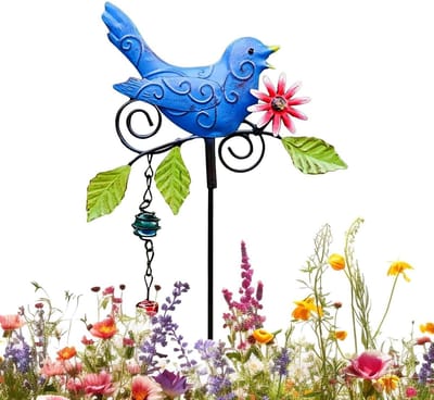 Tuinsteker Vogel - Tuindecoratie Paal - Bloembed Verfraaien - Weerbestendige Constructie - 24 x 14 cm - Blauw