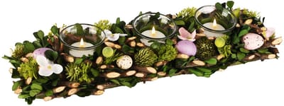 Dekoratief | Tafelstuk m/eitjes/bloemen, groen/roze/wit, pvc/glas, 39x13x7cm | A260827